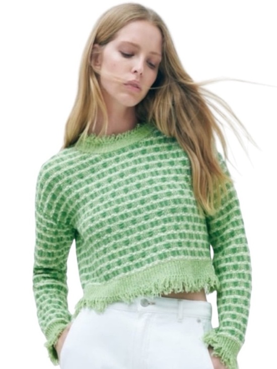 Zara Sweaters - ZARA Green Striped Distressed Cropped Sweater Frayed Hem Knit Top